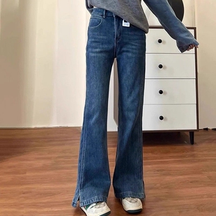 女童微喇牛仔裤春秋冬季新款中大童装高腰儿童一体加绒加厚喇叭裤