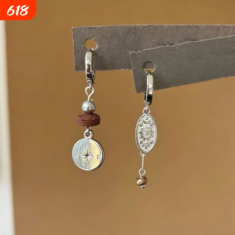 【寻光】清冷感银色星芒指南针耳扣不对称小众设计秋冬冷淡系耳饰