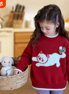 女童毛衣2025秋冬儿童洋气新款针织衫上衣卡通外穿宝宝红色THH358