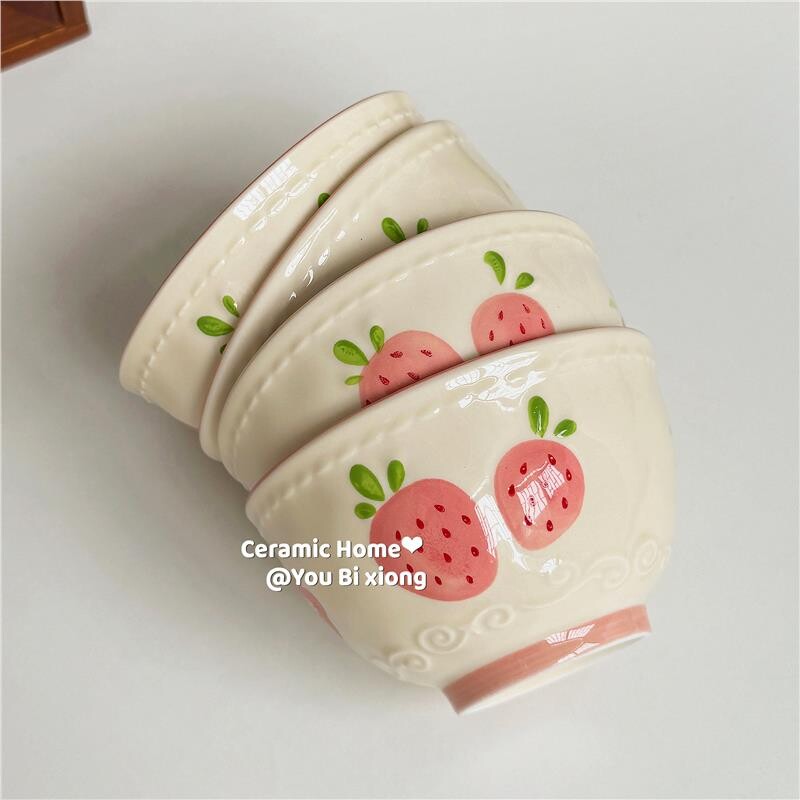 粉萌草莓陶瓷釉下彩米饭碗一人食套装高颜值小碗酸奶碗沙拉碗勺