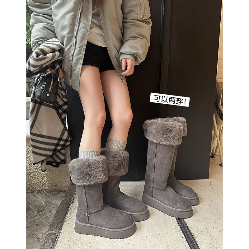 灰色高筒雪地靴女2025新款冬季皮毛一体长筒加绒加厚保暖棉靴平底