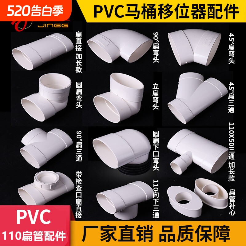 PVC马桶移位器扁管配件50扁直接三通75弯头110接头水管排水