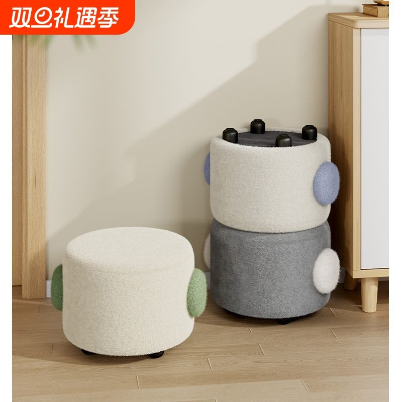 小凳子玄关门口椅子换鞋凳可爱布艺圆凳沙发矮凳软座毛绒板凳坐凳