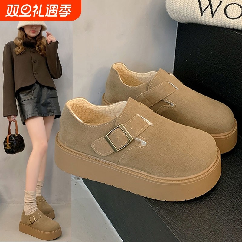 全包勃肯鞋女单鞋加绒2025年秋冬新款厚底小个子一脚蹬乐福鞋毛绒