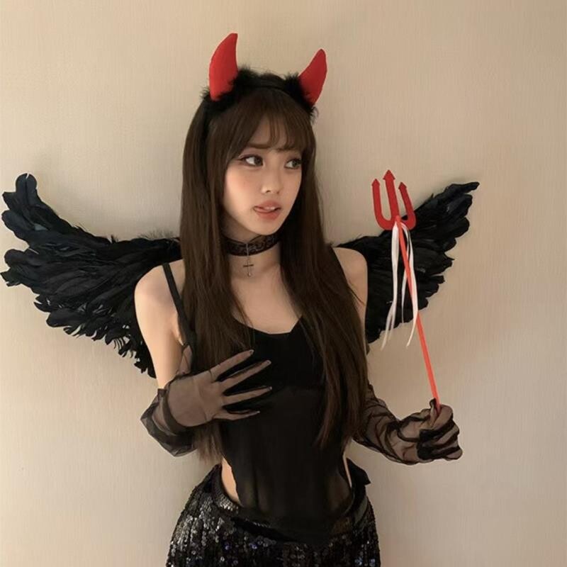 万圣节头饰暗黑小恶魔翅膀套装天使羽毛cos装扮道具长隆拍照发饰
