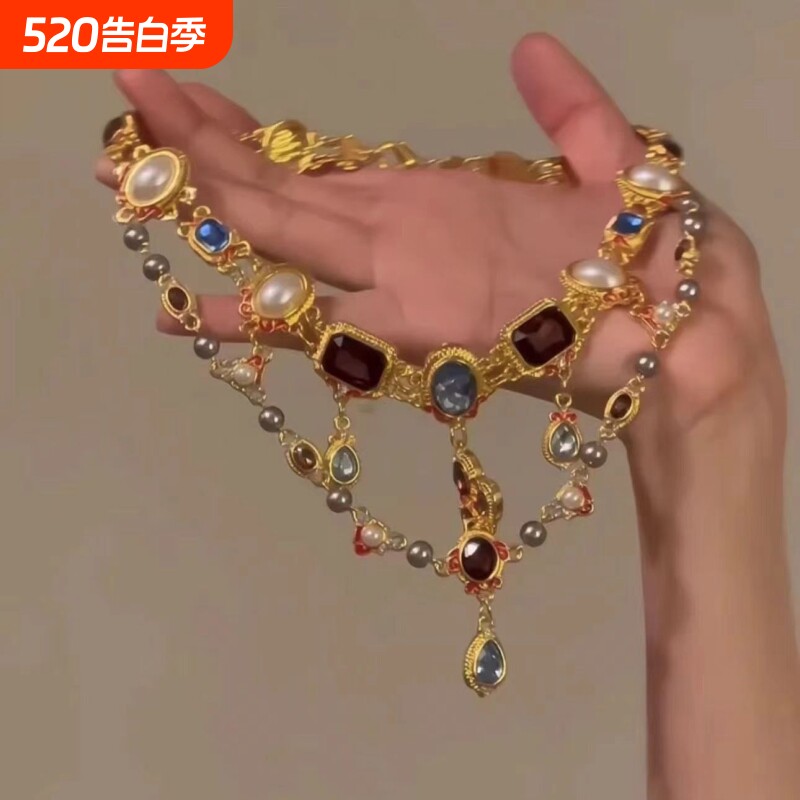 彩色珍珠项链女vintage巴洛克流苏双层锁骨链颈链潮爱心轻奢镀