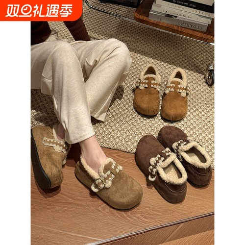 贾不假勃肯鞋女2025新爆款冬季加绒棉鞋厚底内增高一脚蹬豆豆鞋子