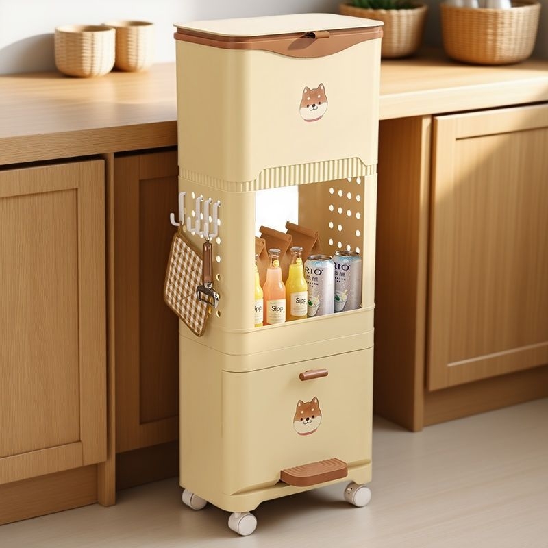 厨房垃圾桶收纳分类家用双层加高免弯腰带盖可移动多功能置物架