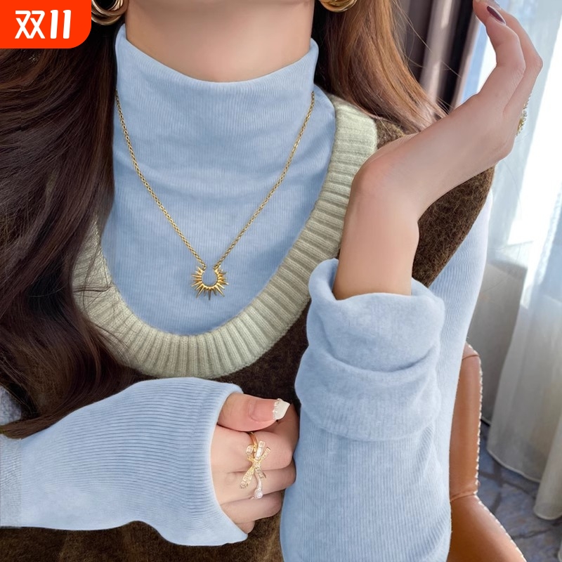 蓝色加绒加厚半高领打底衫女内搭2024年秋冬季新款修身高级感上衣