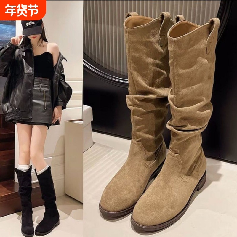 他她女孩棕色长筒靴子女2025新款夏秋堆堆靴西部牛仔高筒靴不过膝,女鞋,骑士靴,淘宝优惠券,粉丝福利购,淘宝优惠卷