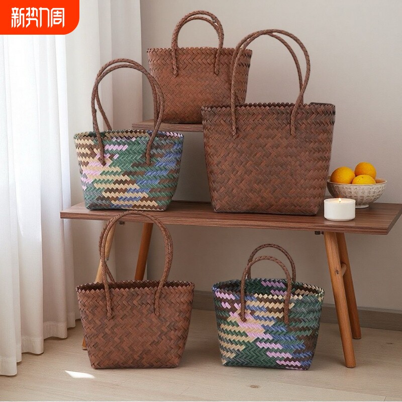 手工编织菜篮子竹节手提包草编包包复古大容量纯手工编织包时尚