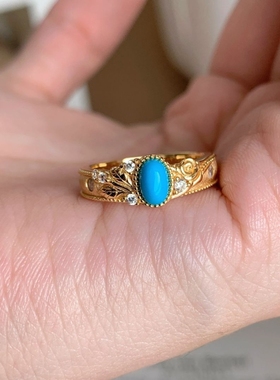 复古镶嵌蓝色锆石金色活口戒指女小众个性时尚轻奢冷淡风指环手饰