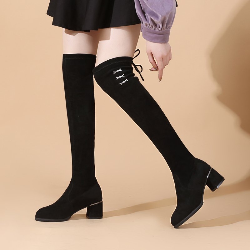 2025秋冬新款过膝长靴女加绒弹力靴高筒显瘦长筒靴黑色绒面高跟