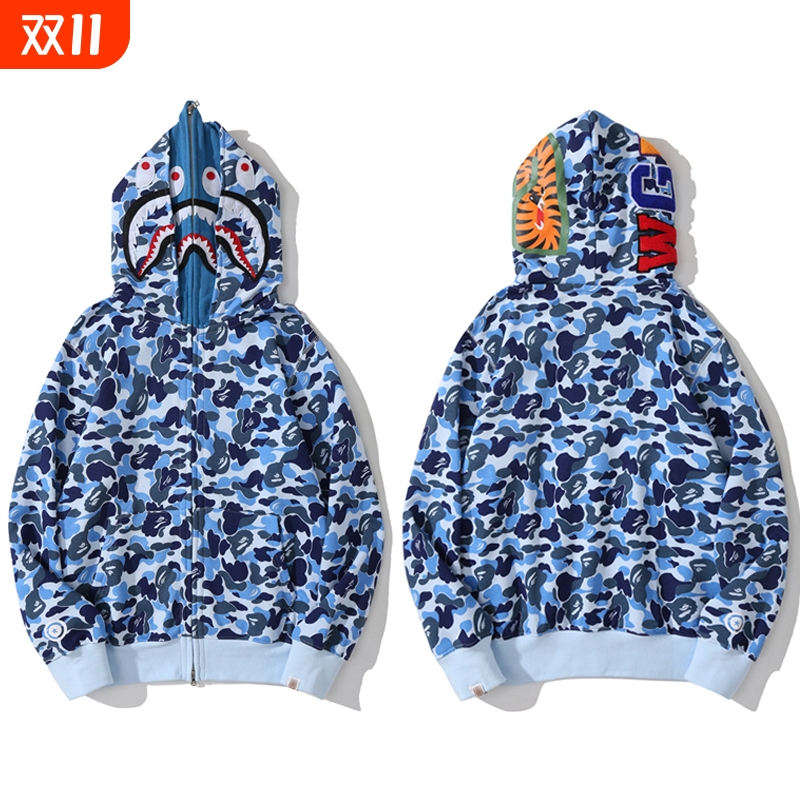 潮牌APE连帽卫衣双帽SHARKAPE鲨鱼虎头迷彩开衫拉链外套亲子蓝色