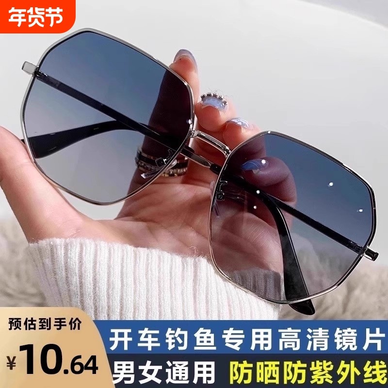 德国透明蓝色偏光太阳镜男士多边形金属开车墨镜潮海边旅行眼镜女