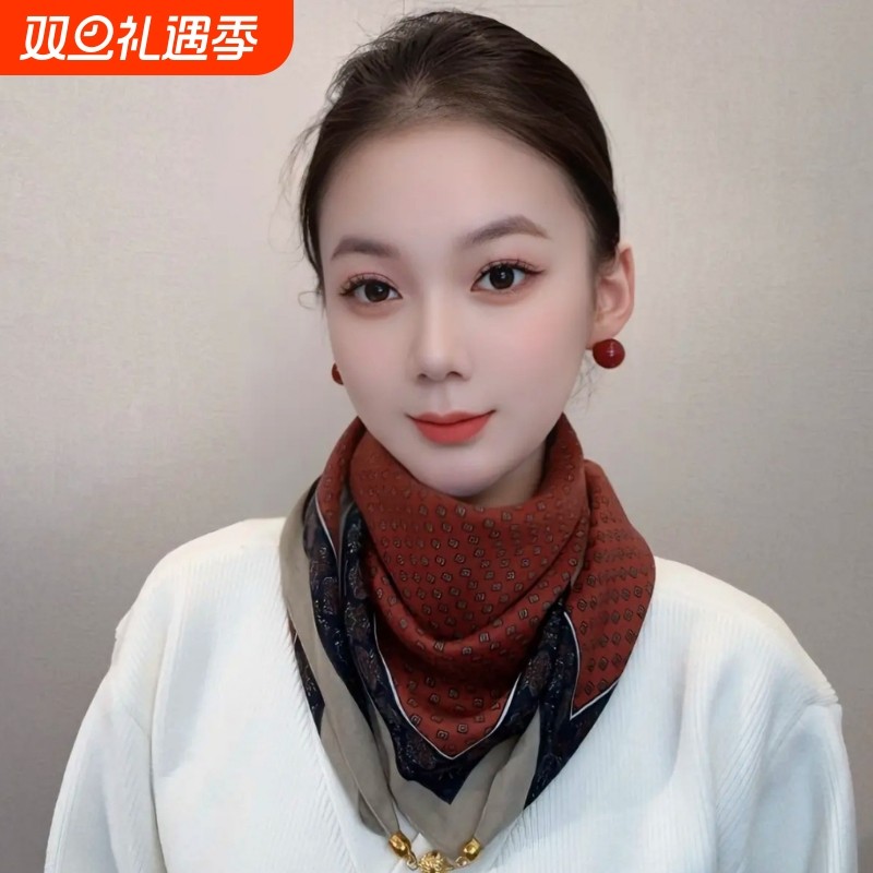 红围脖女款爆款新款冬季保暖秋冬时尚丝巾小方巾围巾披肩磁扣橙色