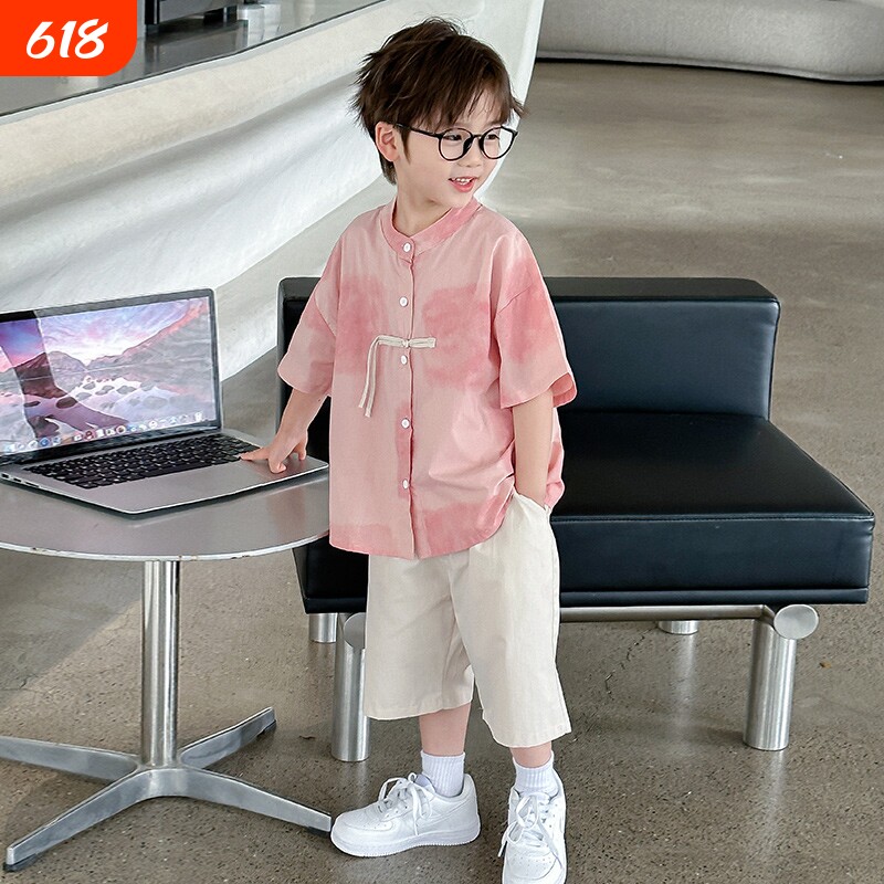 汉服男童2026儿童装男夏装新中式套装国风衬衫两件套潮粉色白色