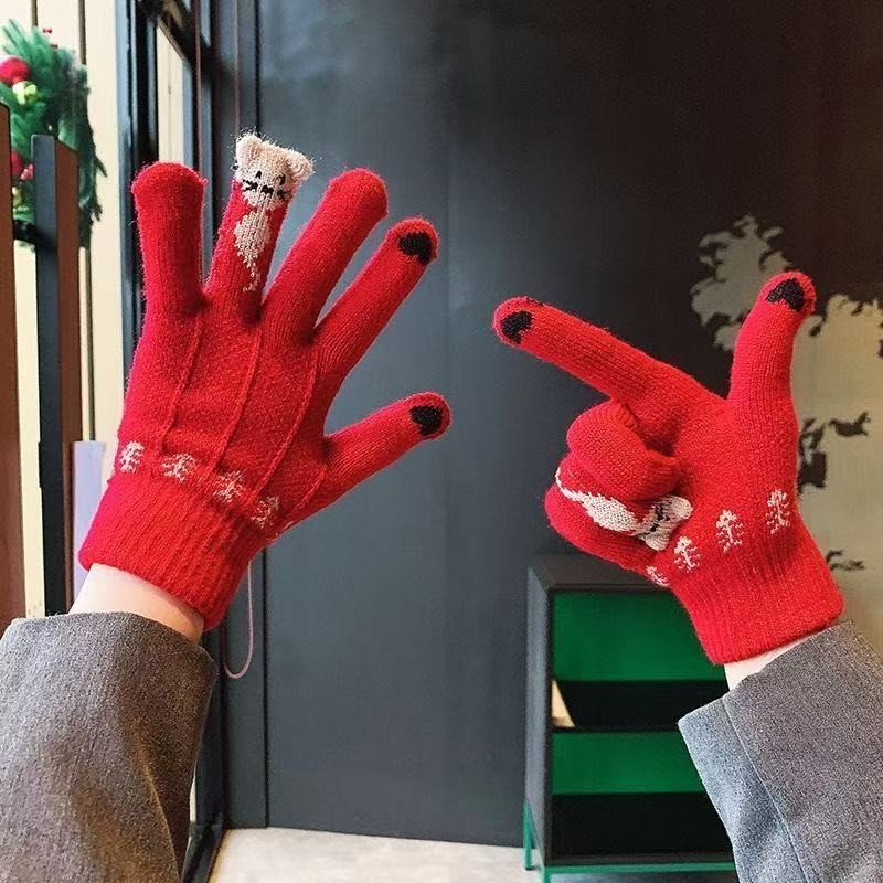 韩版猫咪手套冬季女生红色分指保暖学生骑行可触屏御寒手套可爱