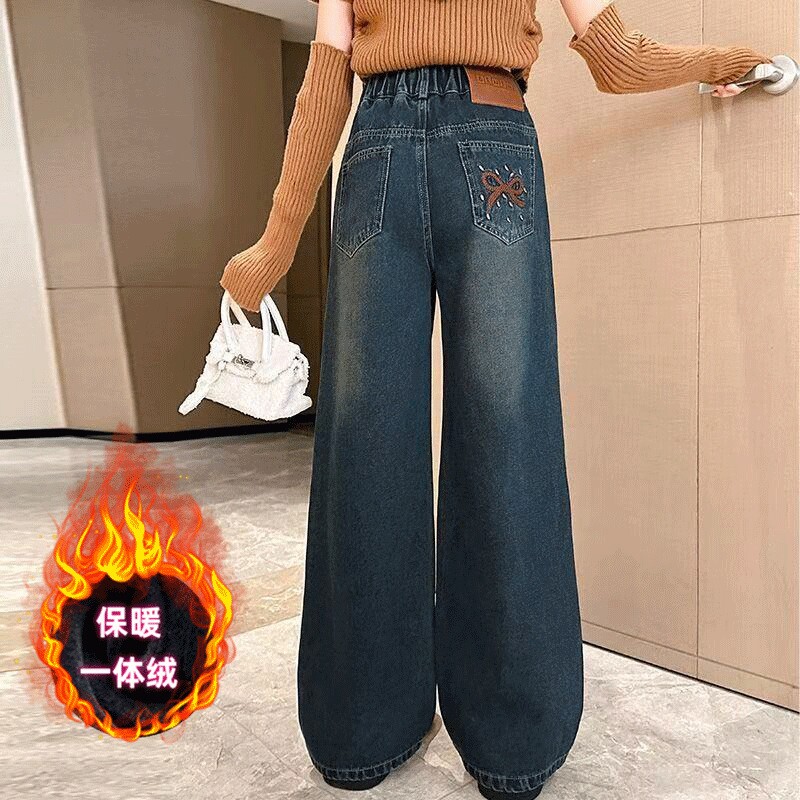 女童加绒牛仔裤阔腿裤新款儿童秋季休闲裤子女孩直筒阔腿裤A236