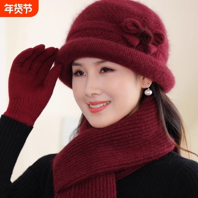 防寒时尚洋气生日礼物加绒毛线帽奶奶帽子秋冬天中老年人针织帽