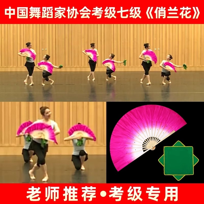 中国舞协考级七级俏兰花真丝舞蹈扇子茶山放歌鼓灯舞韵道具手绢
