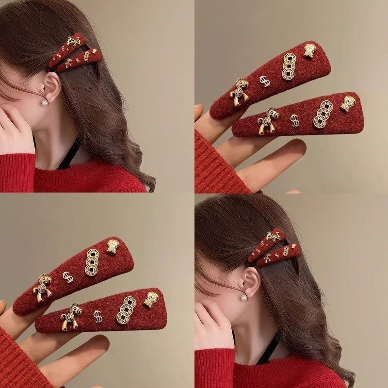 马上有钱红色小马发夹边夹女高级感新年本命头饰刘海夹 多规格