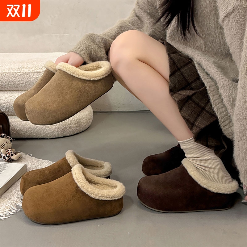 加绒加厚棕色复古厚底毛毛拖鞋女外穿2025新款冬季保暖勃肯棉拖鞋