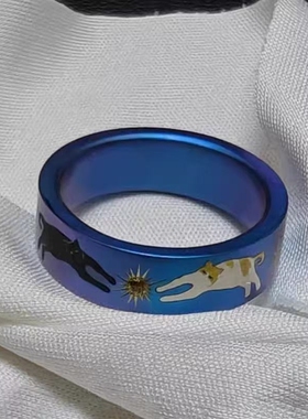 vintager中古【双猫摘星】宽面炫彩蓝戒指星芒食指戒小众设计感