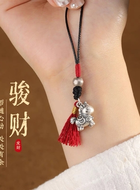复古银小马手机链男女款足银吊坠手机挂件本命年马年挂件礼物银饰
