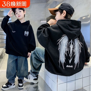 男童黑色连帽卫衣春秋季2026新款印花翅膀一体绒春装打底衫潮儿童