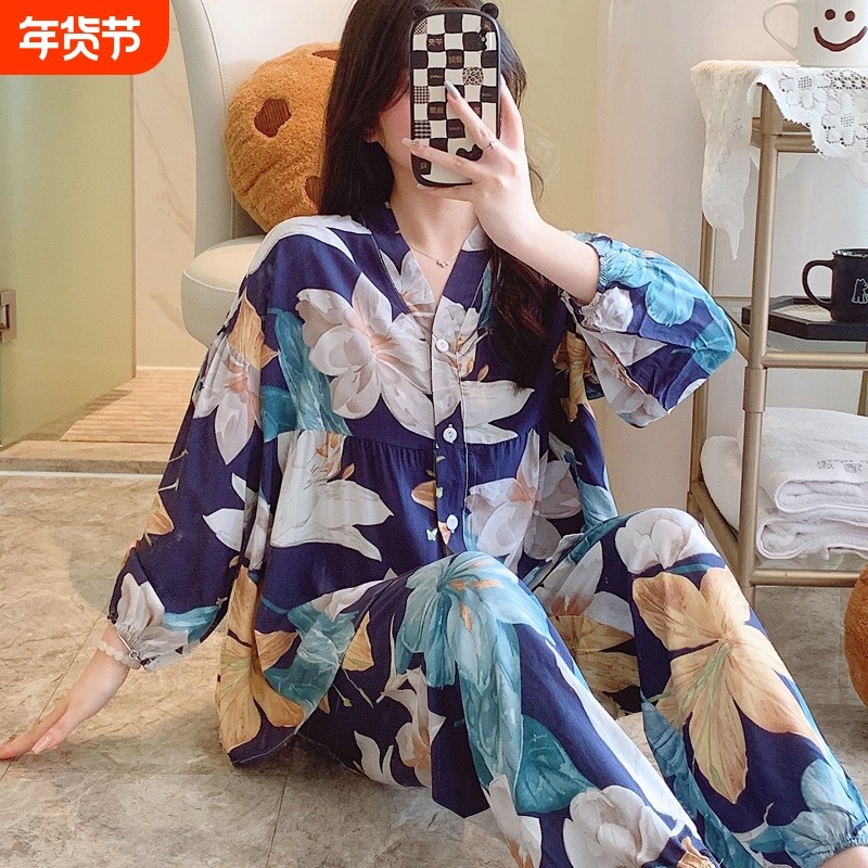 100%棉绸睡衣女长袖长裤人造棉春秋2024年开衫套装家居服格子