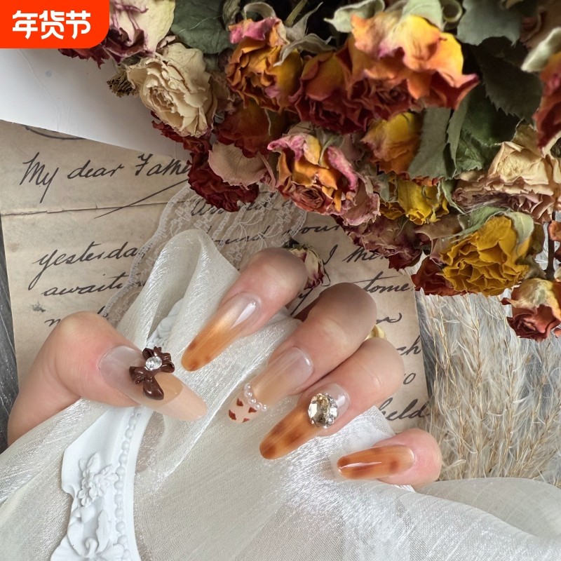 棕色渐变美拉德穿戴甲秋冬款甲片蝴蝶结装饰长款高级感美甲椭圆,彩妆/香水/美妆工具,穿戴甲/甲片,淘宝优惠券,粉丝福利购,淘宝优惠卷