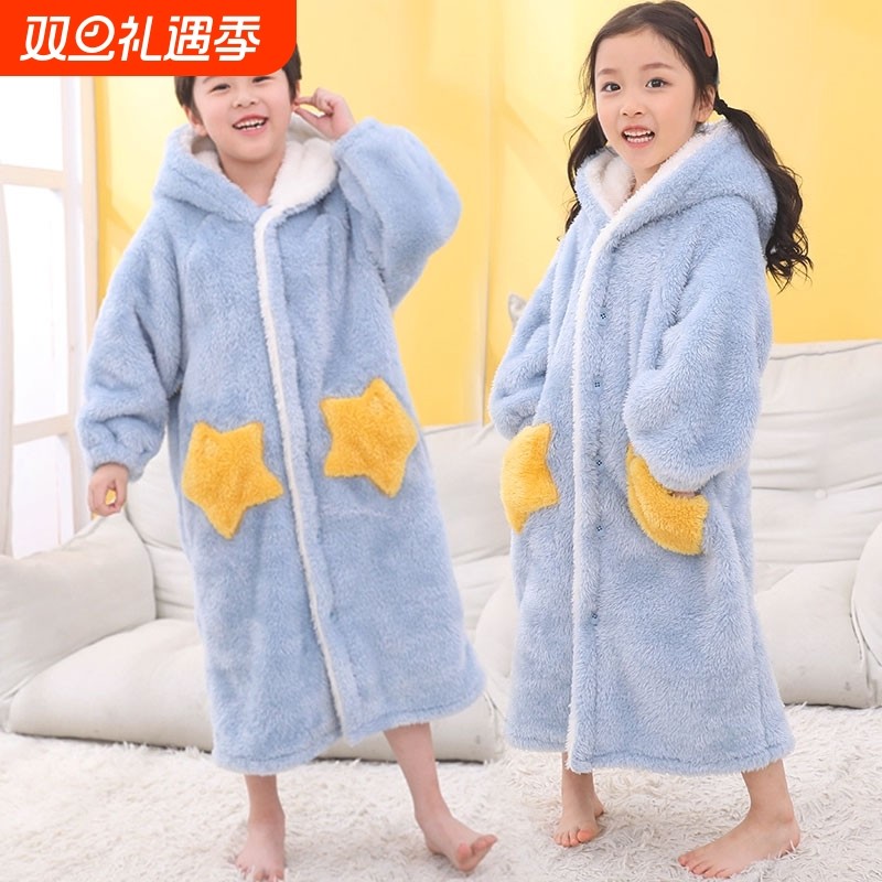 秋冬儿童睡袍加绒加厚宝游泳保暖浴袍亲子装带帽双层加厚睡袍超厚