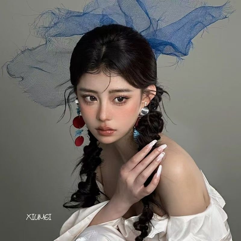 流苏个性撞色耳环夸张长款耳钉红蓝气质新娘礼服耳饰晨袍跟妆配饰