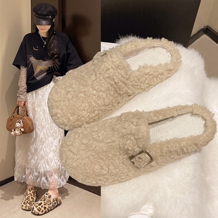 一脚蹬加绒羊羔毛棉拖鞋 新款 女外穿2025秋季 厚底包头勃肯毛毛拖鞋