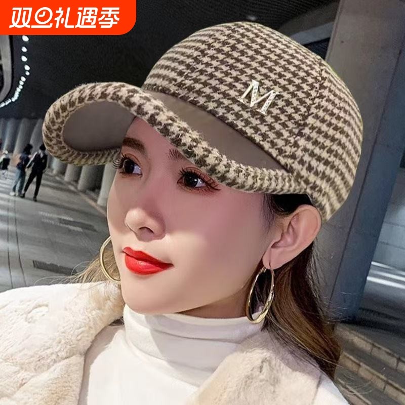 帽子女韩版潮百搭鸭舌帽英伦复古遮阳帽秋冬网红款时尚格子棒球帽