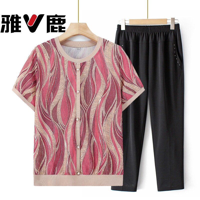 雅鹿短袖T恤中老年人妈妈洋气女装大码冰丝上衣奶奶夏装衣服薄款