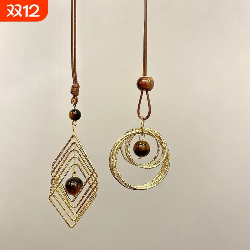 美拉德金色虎眼石长款项链女款轻奢高级毛衣复古装饰配饰吊坠