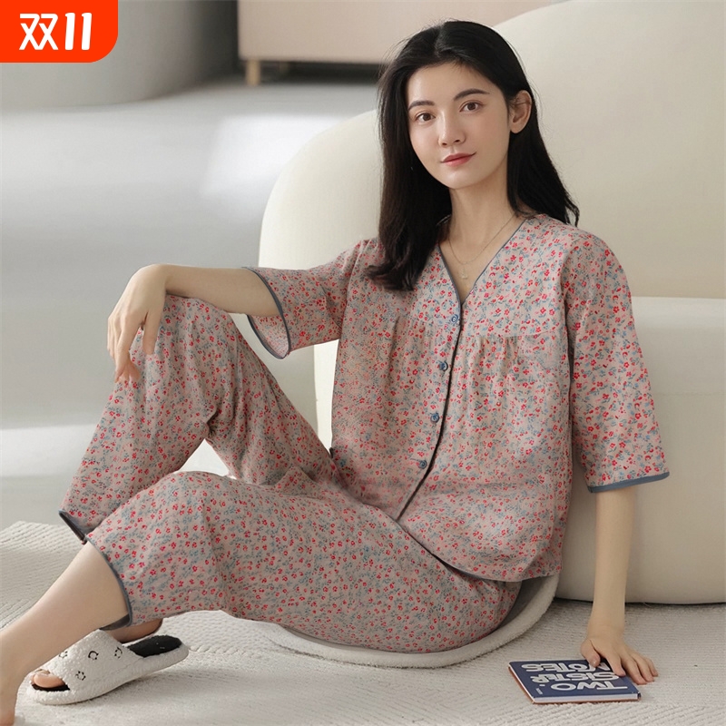 梭织睡衣女夏季五分袖七分裤春秋款薄款可外穿家居服中年妈妈套装