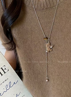 可爱甜心~咖色丝绒小熊抽拉项链女秋冬长款小众设计感毛衣链配饰