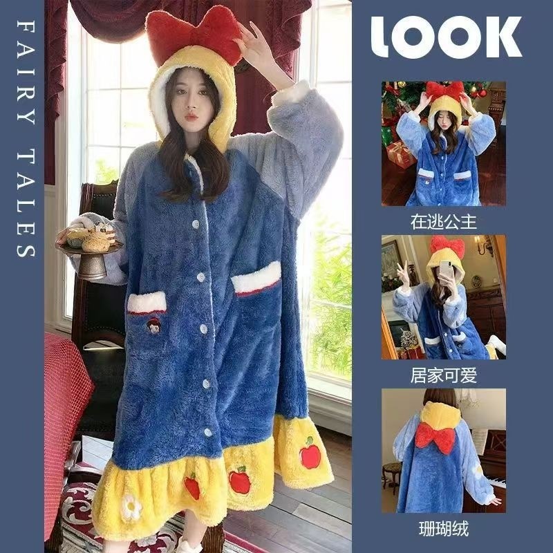 白雪公主睡衣女秋冬珊瑚绒睡衣女长款睡袍睡裙女冬季家居服暖睡衣