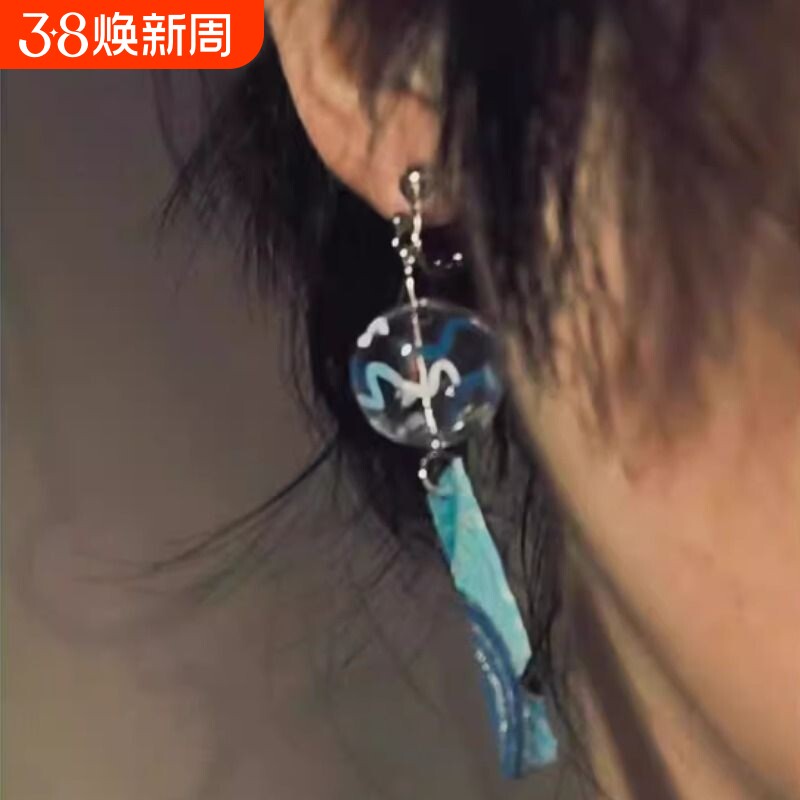 神奈川和风耳夹风铃神奈川海浪和风耳环玻璃球球耳环海浪纹耳夹