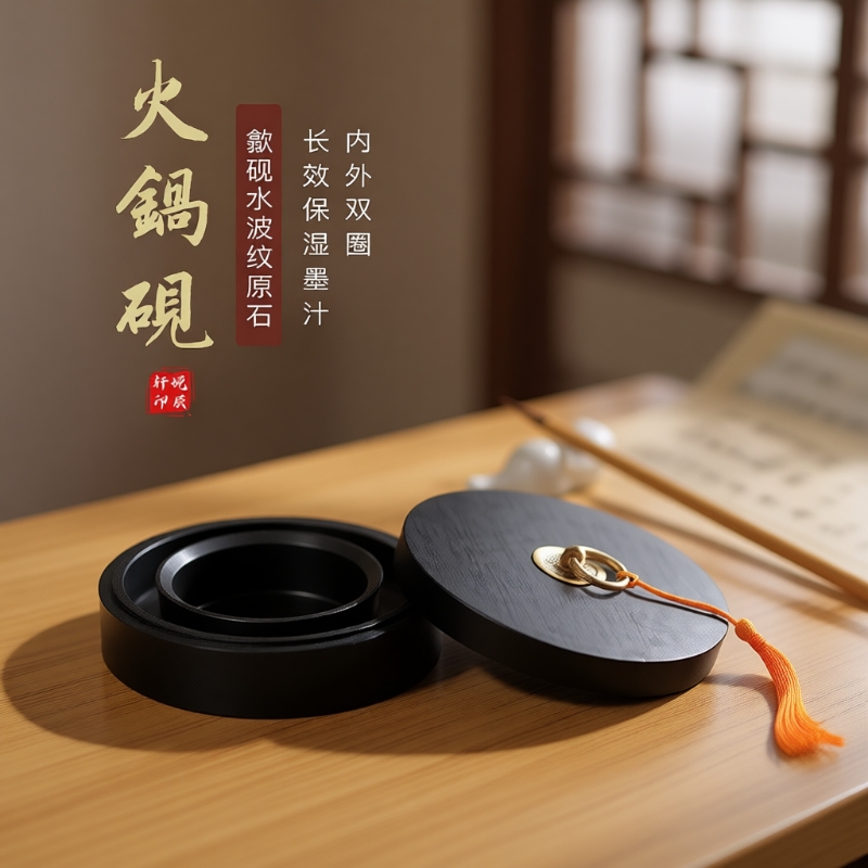 火锅砚台书法专用带盖墨砚天然原石保湿防蒸发不干墨可研磨墨初学毛笔练字墨汁砚台套装墨盘墨盒墨池文房四宝