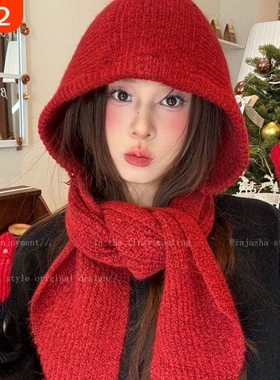 红色巴拉克法帽女款冬季保暖毛线针织一体帽子围巾氛围感护耳项链