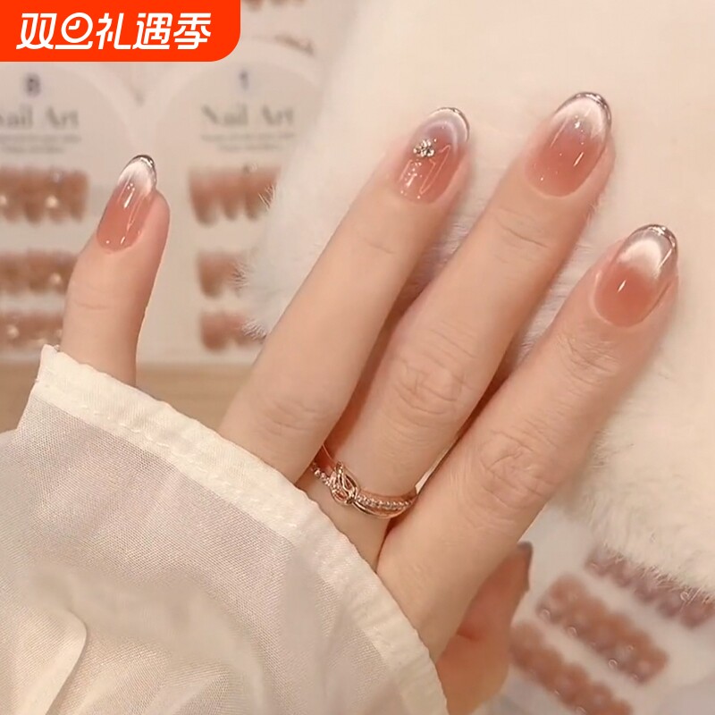 紫气流光纯手工高级气质渐变法式猫眼限定美甲穿戴甲椭圆