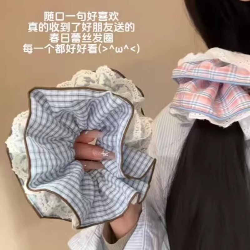 韩国蓝色清新格子大肠发圈高级丸子马尾超大发饰头绳布艺甜美法式