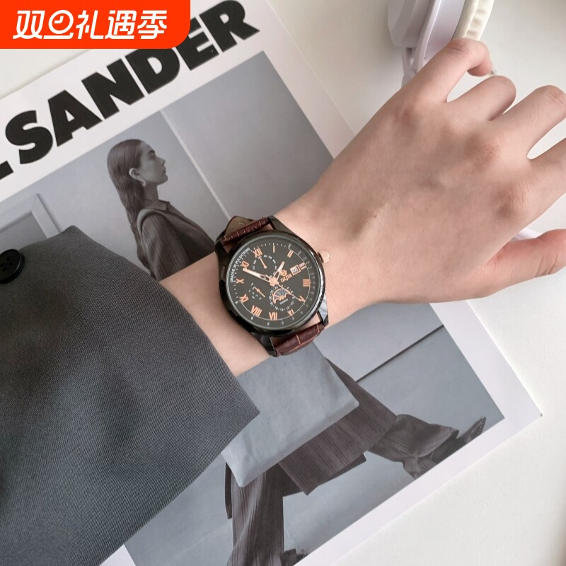 休闲时尚气质瑞士男士手表防水商务皮带石英手表男士日历腕表套装