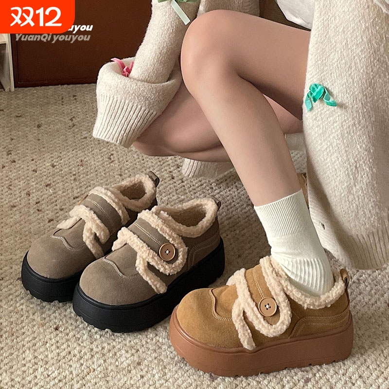 美拉德厚底勃肯鞋雪地靴女2025冬季新款百搭魔术贴加绒棉鞋子毛绒