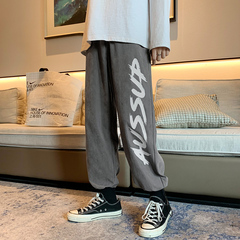 Hotel style spring summer loose straight pants drawstring printed pants men's large