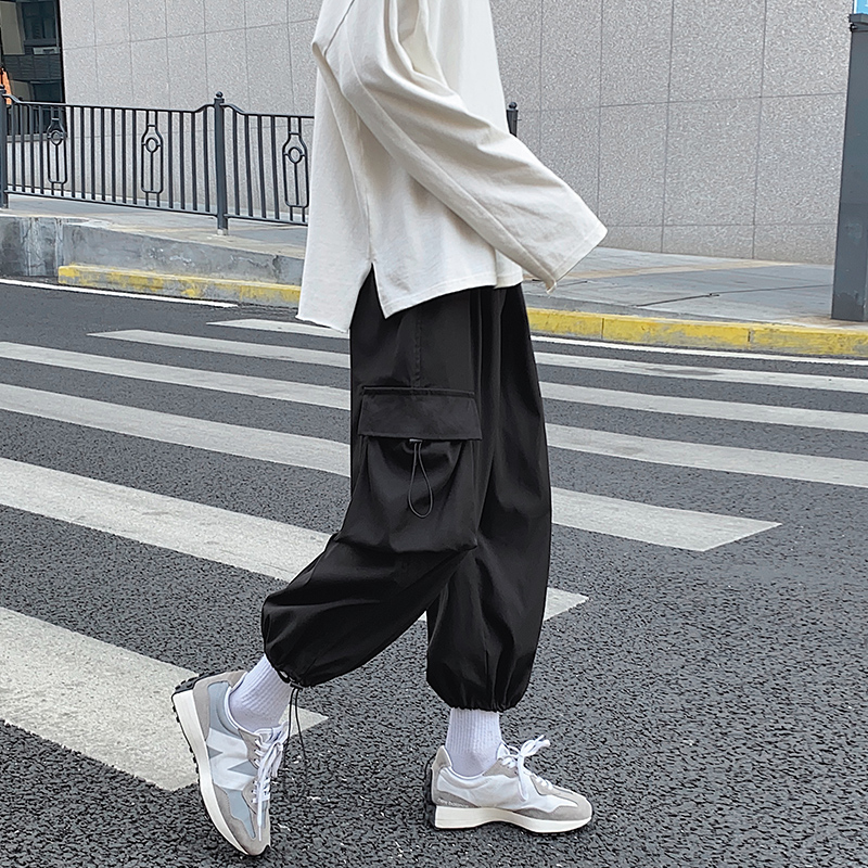 Hong Kong Style exterior overalls men's Multi Pocket drawstring straight pants men's pants